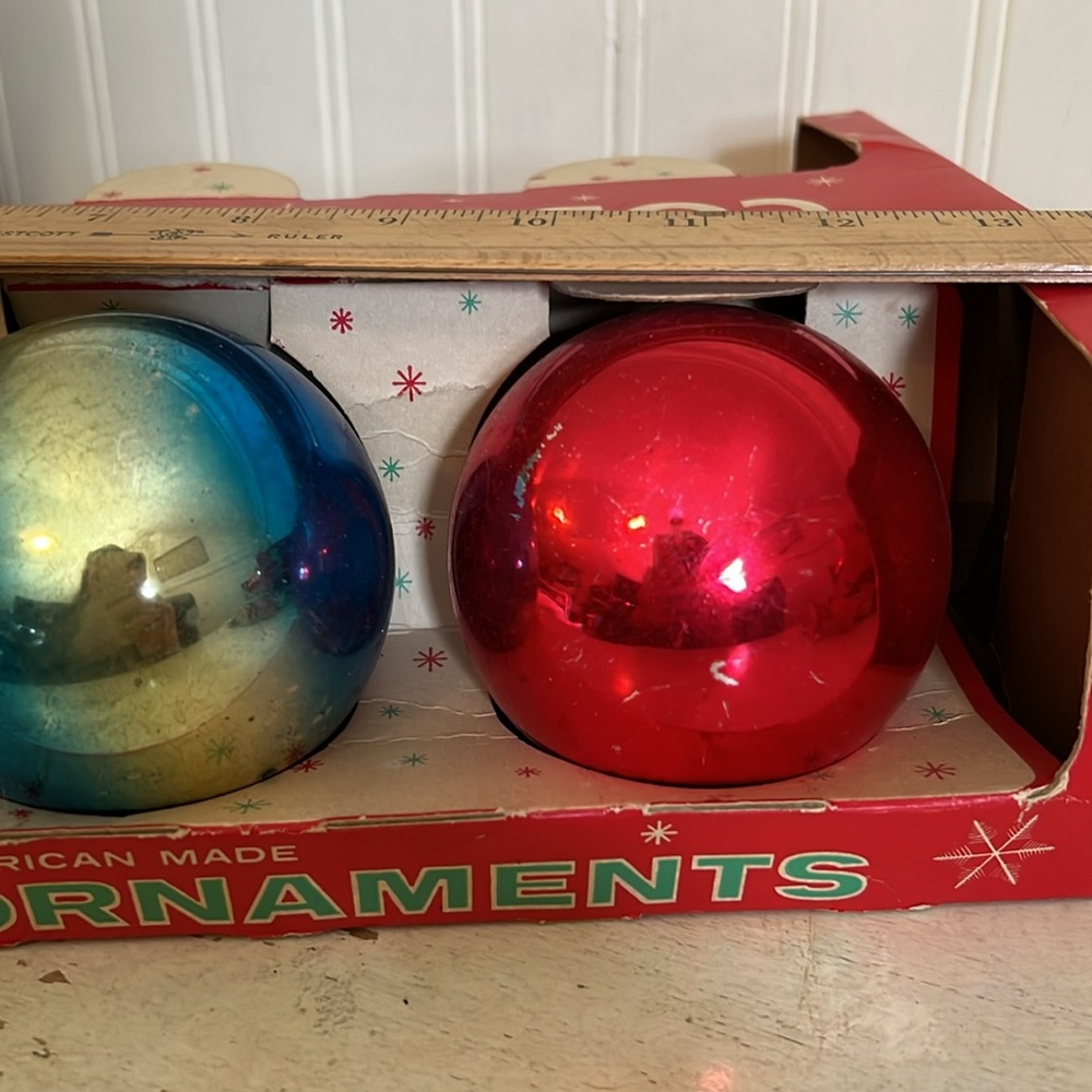 Vintage MCM Mercury glass Coby Red and Blue Holiday Ornaments 3”